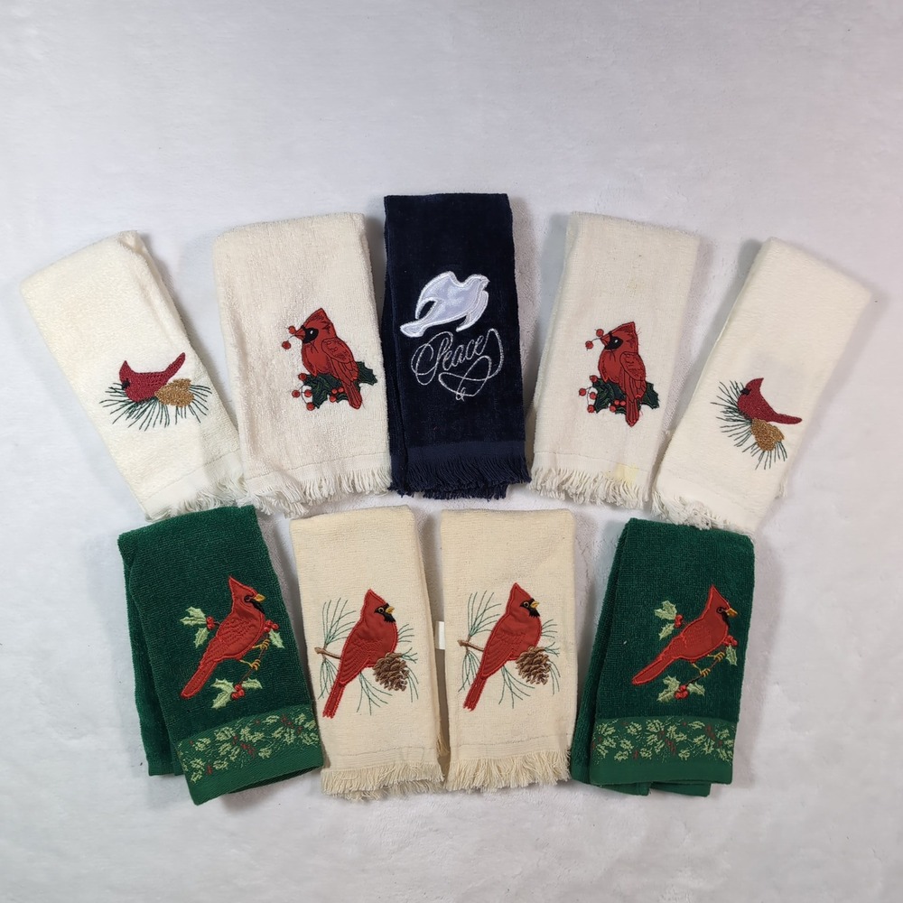 9 Vintage Christmas Hand Towels Fringed Cardinal Dove Embroidered Lot Fingertip